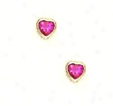 14k Yellow 4 Mm Heart Ruby-red Cz Screw-back Stud Earrings