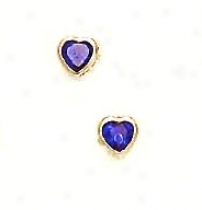 14k Yellow 4 Mm Heart Sapphire-blue Cz Earrings