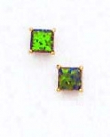 14k Yelloa 4 Mm Square Mystic Green Opal Earrongs