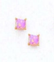 14k Yellow 4 Mm Square Pink Opal Post Stud Earrings