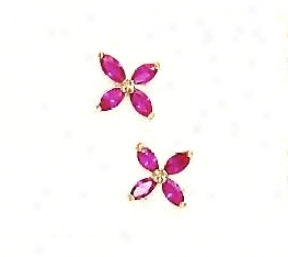 14k Yellow 4x2 Mm Marquise Red Cz Childrens Flower Earrings