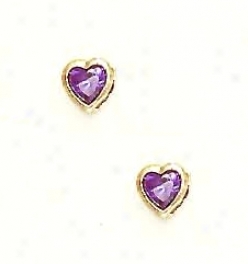 14k Yellow 5 Mm Heart Amethyst-purple Cz Earrings