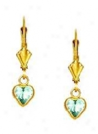 14k Yellow 5 Mm Heart Aquamarine-blue Cz Drop Earrings