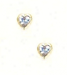 14k Yellow 5 Mm Heart Aquamarine-blue Cz Earrings