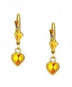 14k Yellow 5 Mm Heart Citrine-yellow Cz Drop Earrings