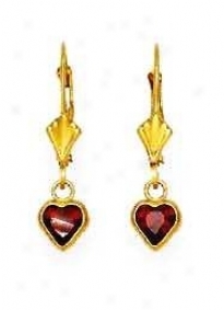 14k Yellow 5 Mm Heart Garnet-red Cz Drop Lever-back Earrings