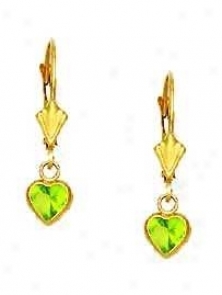 14k Yellow 5 Mm Centre Peridot-green Cz Drop Earrings
