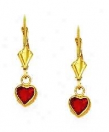 14k Yellow 5 Mm Heart Ruby-ref Cz Drop Lever-back Earrings