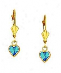 14k Golden 5 Mm Heart Topaz-blue Cz Drop Lever-back Earrings