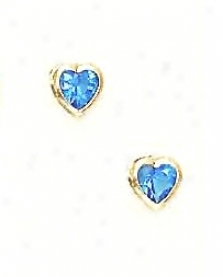 14k Golden 5 Mm Heart Topaz-blue Cz Screw-back Stud Earrings