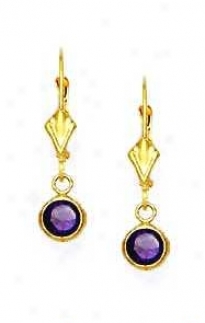 14k Yellow 5 Mm Round Amethyst-purple Cz Drop Earrings