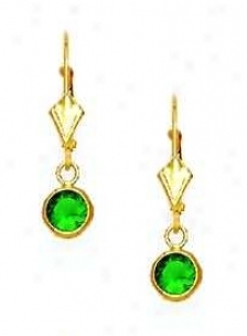 14k Yellow 5 Mm Round Emerald-green Cz Drop Earrings