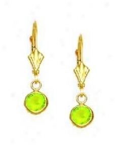 14k Yellow 5 Mm Round Peridot-green Cz Drop Earrings