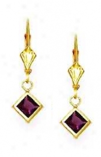 14k Yellow 5 Mm Square Amethyst-purple Cz Drop Earrings