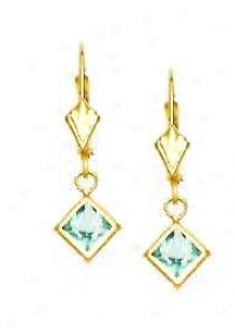 14k Yellow 5 Mm Square Aquamarine-blue Cz Drop Earrings