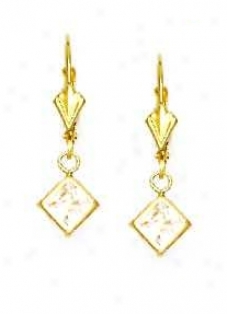 14k Golden 5 Mm Square Clear Cz Drop Earrings