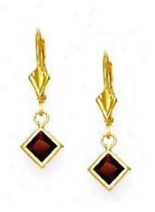 14k Yellow 5 Mm Square Garney-red Cz Drop Earrings