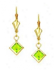 14k Yellow 5 Mm Square Peridot-green Cz Drop Earrings