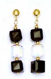 14k Ywllow 6 Mm Cube Clear And Jet-black Crystal Earringa