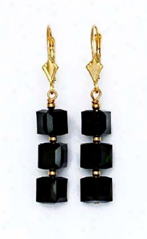 14k Yellow 6 Mm Cube Jet-black Crystal Drop Earrings