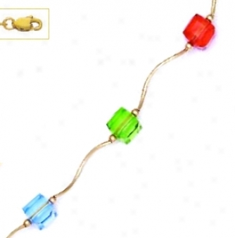 14k Yellow 6 Mm Cube Orange Unripe And Blue Crystal Necklace -