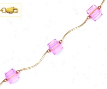 14k Yellow 6 Mm Cube Pink Crystal Necklace - Choice 16-inch