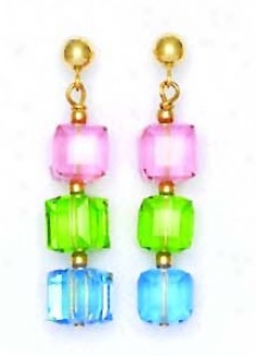 14k Yello w6 Mm Cube Pink Green And Blue Crystal Earrings