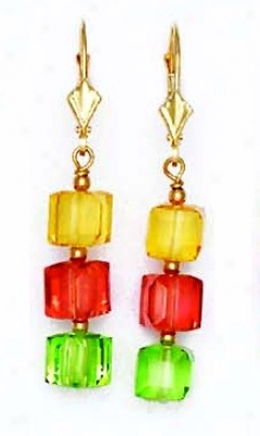 14k Yellow 6 Mm Cube Yeklow Red And Green Crystal Earrings