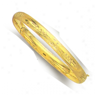 14k Yellow 6 Mm Diamond-cut Flower Motif Bangle - 8 Inch