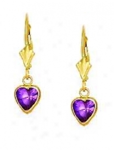 14k Yellow 6 Mm Heart Amethyst-purple Cz Drop Earrings