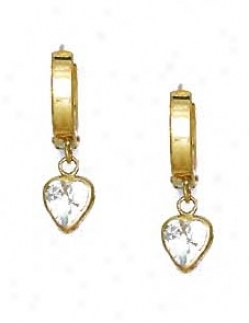 14k Yellow 6 Mm Heart Clear Cz Drop Hinged Earrings