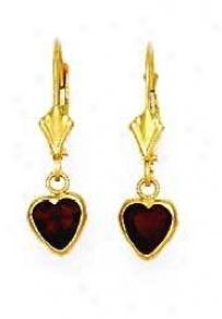 14k Yellow 6 Mm Heart Garnet-red Cz Drop Lever-back Earrings