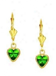 14k Yellow 6 Mm Heart Peridot-green Cz Drop Earrings