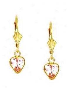 14k Yellow 6 Mm Heart Rose-pink Cz Drop Lever-back Earrings