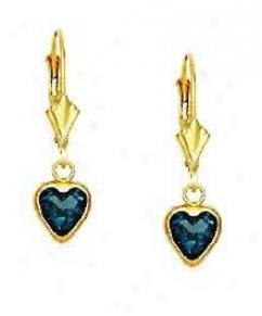 14k Yellow 6 Mm Heart Topaz-blue Cz Drop Lever-back Earrings