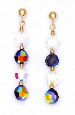 14k Yellow 6 Mm Round Clear And Jer-rainbow Crystal Earrings