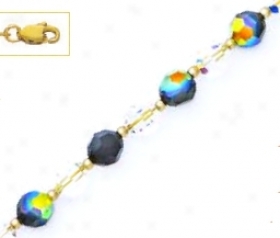 14k Yellow 6 Mm Round Clear And Jet-rainbow Crystal Necklace