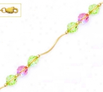 14k Yellow 6 Mm Round Green And Pink Crystal Necklace - Choic