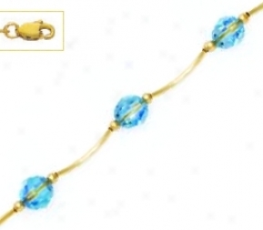 14k Yellow 6 Mm Round Light-blue Crystal Necklace