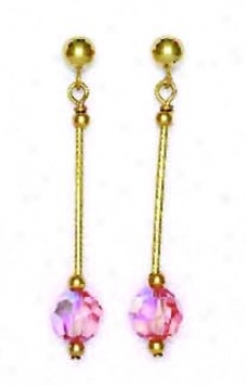 14k Yellow 6 Mm Round Light-rose Crystal Drop Earrings