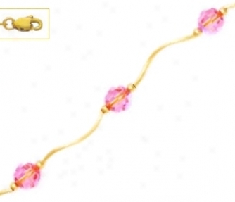 14k Yellow 6 Mm Roound Pink Crystal Necklace