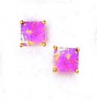 14k Golden 6 Mm Square Pink Opal Post Stud Earrings