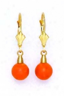 14k Yellow 7 Mm Make full Coral-orange Crystal Pearl Earrings