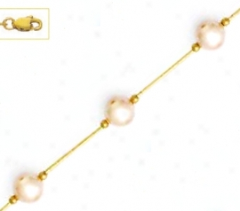 14k Yellow 7 Mm Round Light-cream Crystal Drop Necklace - Ch