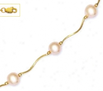 14k Golden 7 Mm Round Light-cream Cryetal Pearl Necklace