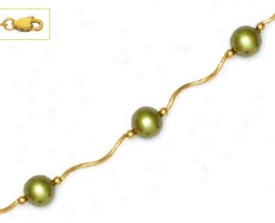 14k Yellow 7 Mm Round Light-green Crystal Pearl Necklace - Ch