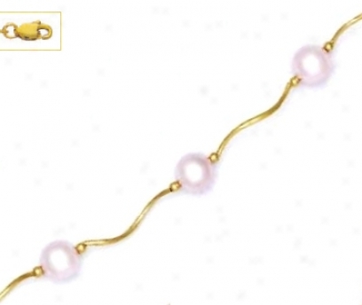 14k Yellow 7 Mm Round Light-rose Crystal Pearl Necklace