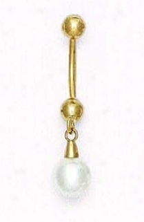 14k Yellow 7 Mm Round White Crystal Pearl Belly Ring