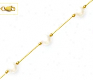 14k Yellow 7 Mm Rounnd Whitr Crystal Pearl Necklace