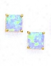 14k Yellow 7 Mm Adjusted Light Blue Opal Earrings